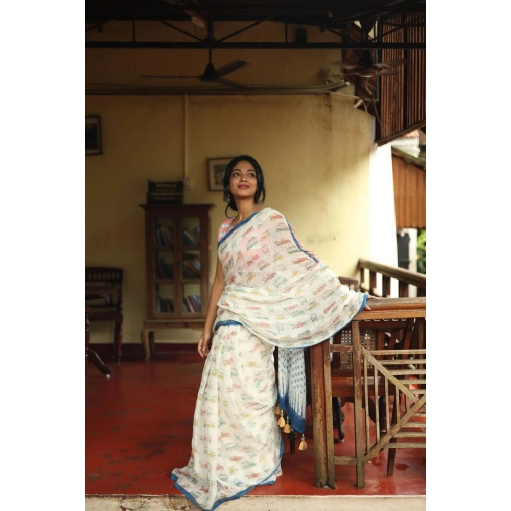 Women's Linen Printed Saree With Unstitched Blouse 5.5Mtr (White) Women's Linen Printed Saree With Unstitched Blouse 5.5Mtr (White)