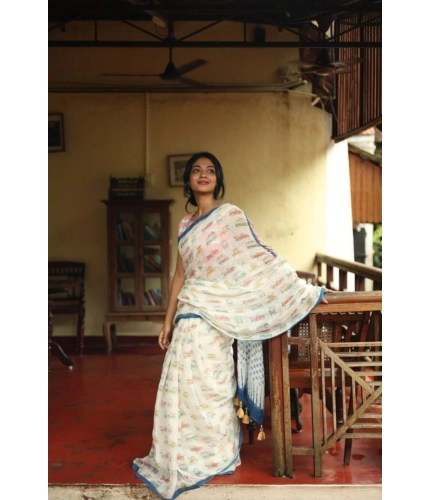 Women's Linen Printed Saree With Unstitched Blouse 5.5Mtr (White)