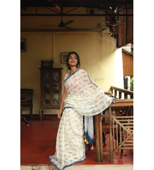 Women's Linen Printed Saree With Unstitched Blouse 5.5Mtr (White)