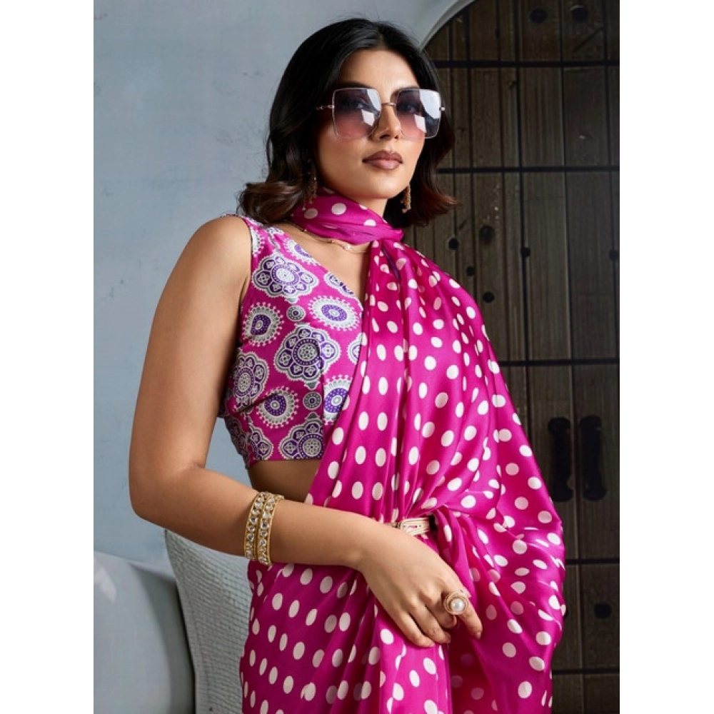Women's Satin Crepe Printed Saree With Unstitched Blouse 5.5Mtr (Pink)