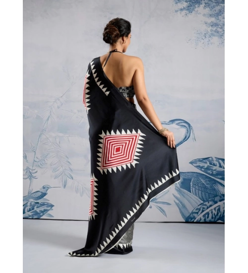 Women's Satin Crepe Printed Saree With Unstitched Blouse 5.5Mtr (Black)