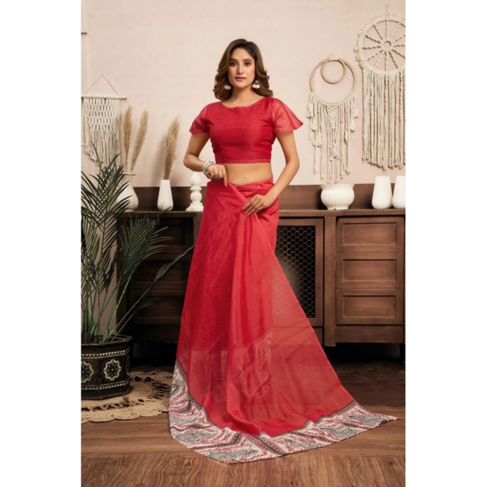Women's Linen Cotton Printed Ready To Wear Saree With Unstitched Blouse 5.5 Mtr (Red)