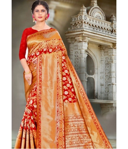 Women's Litchi silk Printed Saree With Unstitched Blouse (Red)