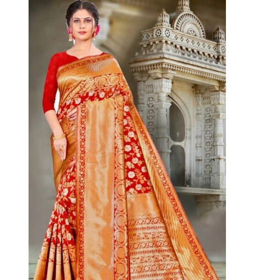 Women's Litchi silk Printed Saree With Unstitched Blouse (Red)