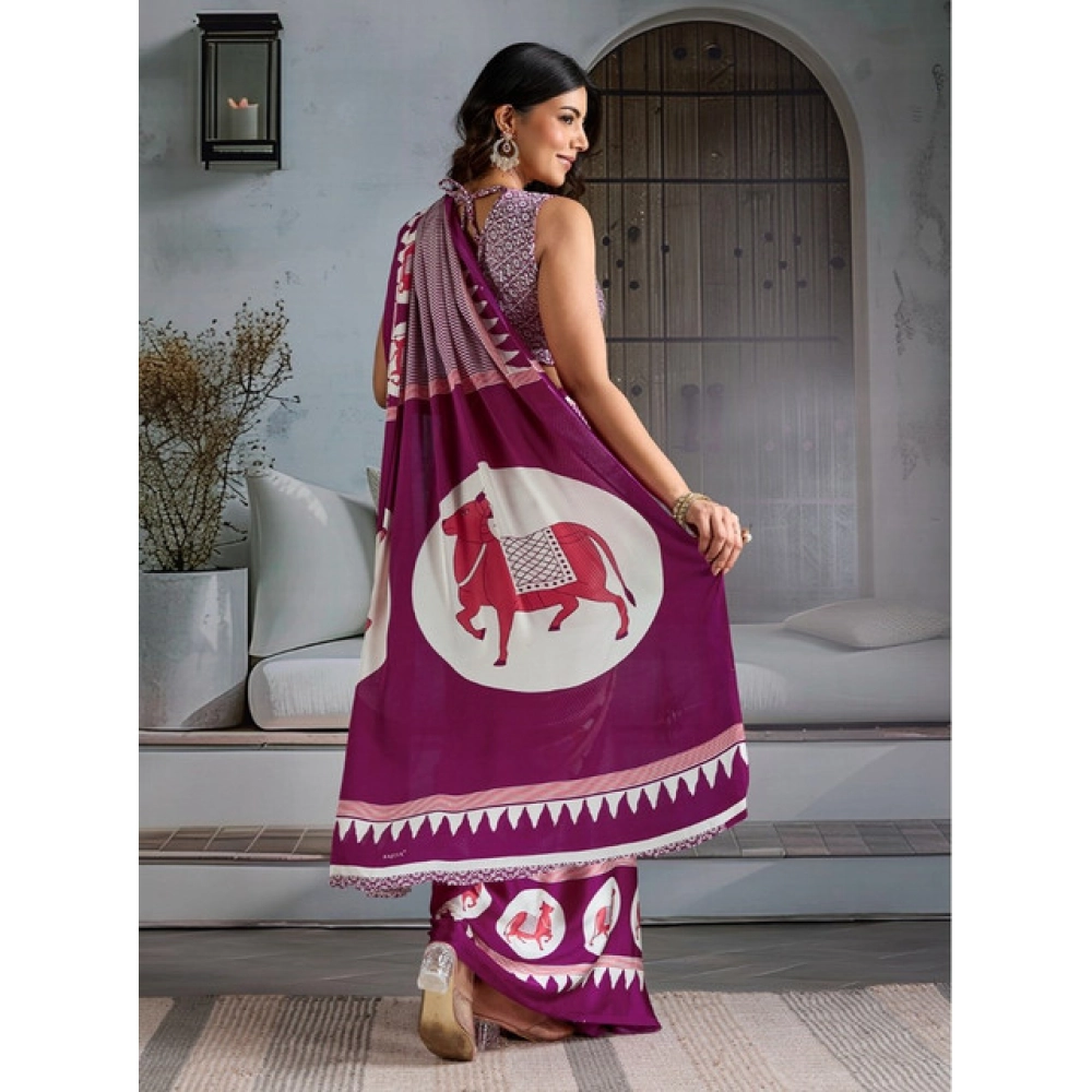 Women's Satin Crepe Printed Saree With Unstitched Blouse 5.5Mtr (Purple)