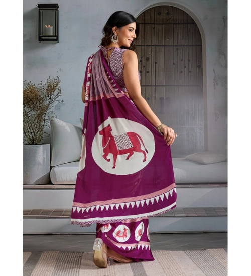 Women's Satin Crepe Printed Saree With Unstitched Blouse 5.5Mtr (Purple)
