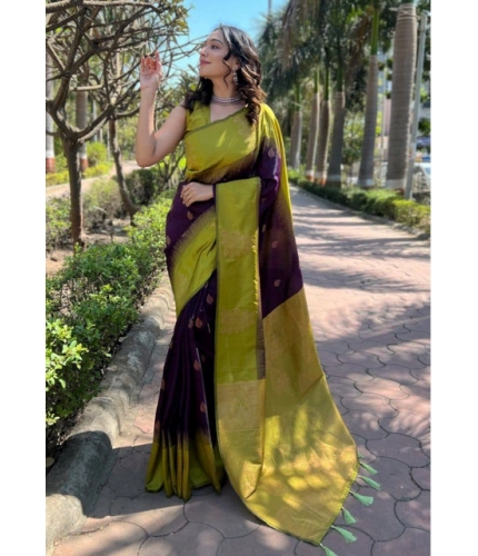 Women's Soft Lichi Silk Printed Saree With Unstitched Blouse 5.5Mtr (Purple)