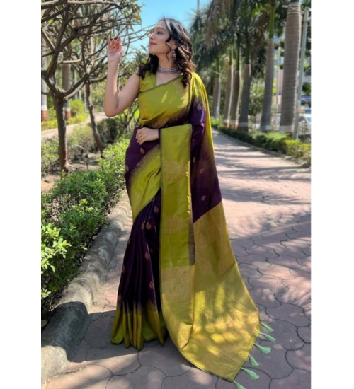 Women's Soft Lichi Silk Printed Saree With Unstitched Blouse 5.5Mtr (Purple)