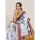 Women's Linen Floral Printed Saree With Unstitched Blouse 5.5Mtr (White) Women's Linen Floral Printed Saree With Unstitched Blouse 5.5Mtr (White)