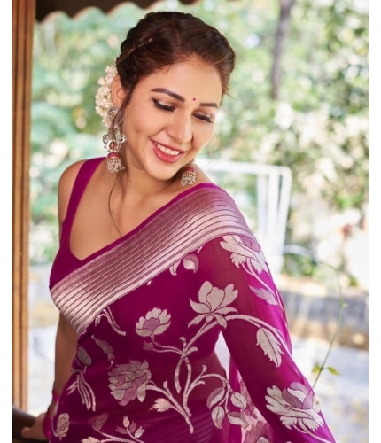 Women's Soft Lichi Silk Printed Saree With Unstitched Blouse 5.5Mtr (Purple)