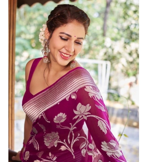 Women's Soft Lichi Silk Printed Saree With Unstitched Blouse 5.5Mtr (Purple)