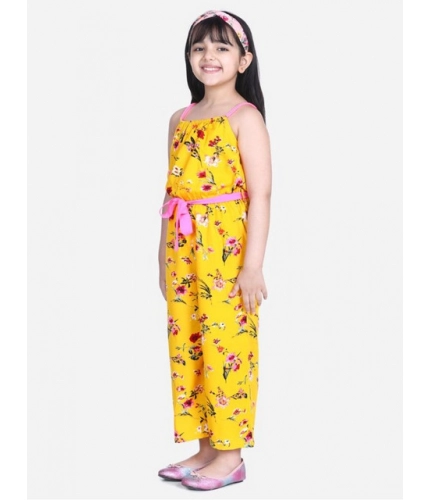 Girl's Polyester Crepe Floral Shoulder Straps Jumpsuit (Yellow-Pink)