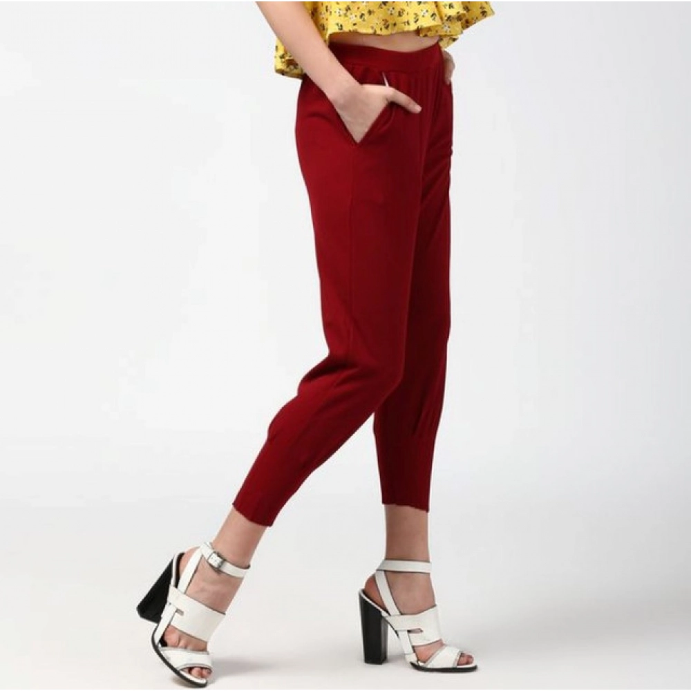 Women's Polyester Solid Elasticated Trousers (Maroon) Women's Polyester Solid Elasticated Trousers (Maroon)
