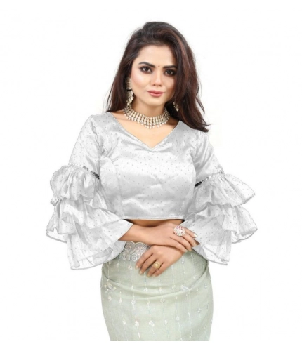 Women's Organza Solid V Neck Layered Ruffle Sleeve Readymade Blouse (White Free Size , up to 38–40 Bust)-PID65859