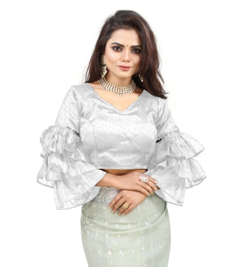 Women's Organza Solid V Neck Layered Ruffle Sleeve Readymade Blouse (White Free Size , up to 38–40 Bust)-PID65859 Women's Organza Solid V Neck Layered Ruffle Sleeve Readymade Blouse (White Free Size , up to 38–40 Bust)-PID65859