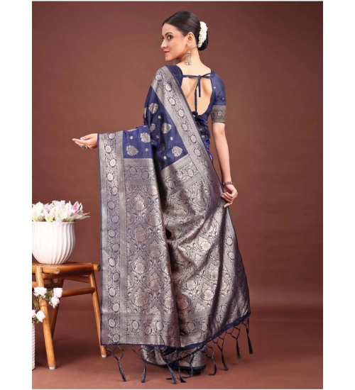 Women's Banarasi Silk Printed Saree With Unstitched Blouse 5.5Mtr (Navy Blue)