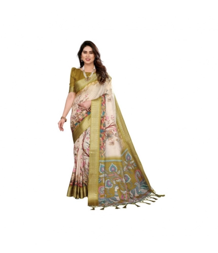 Women's Cotton Silk  Printed Saree With Unstitched Blouse 5.5Mtr (Olive Green)