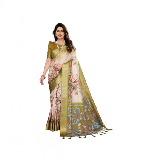 Women's Cotton Silk  Printed Saree With Unstitched Blouse 5.5Mtr (Olive Green)