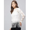 Women's Lace Self Design Short Sleeve Top (White)