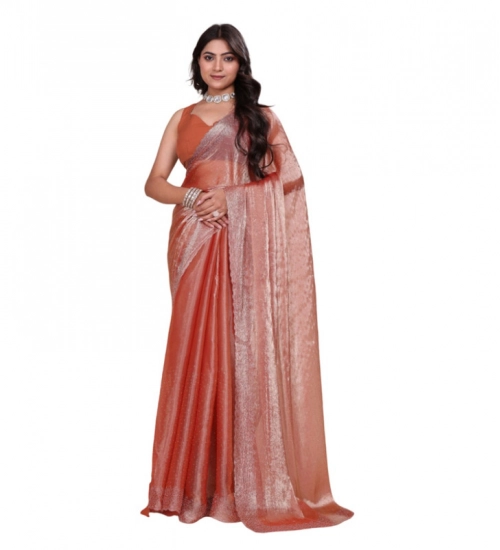 Women's Jimmy choo Embellished Bollywood Saree With Unstitched Blouse 5.5Mtr (Orange)