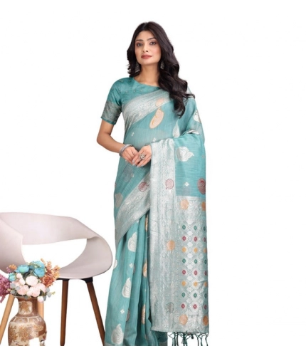 Women's Linen Cotton Printed Saree With Unstitched Blouse 5.5Mtr (Sea Green)