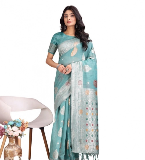 Women's Linen Cotton Printed Saree With Unstitched Blouse 5.5Mtr (Sea Green)