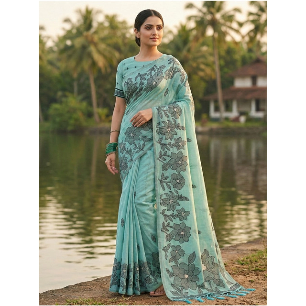 Women's Linen Cotton Printed Saree With Unstitched Blouse 5.5Mtr (Sea Green) Women's Linen Cotton Printed Saree With Unstitched Blouse 5.5Mtr (Sea Green)