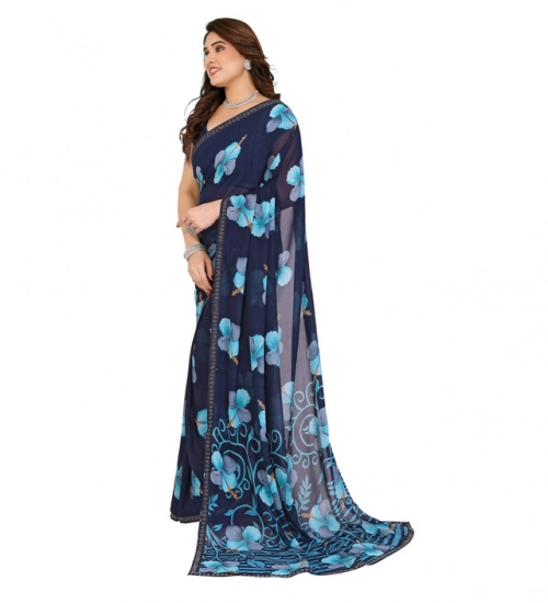 Women's Georgette Printed Saree With Unstitched Blouse 5.5Mtr (Navy Blue)