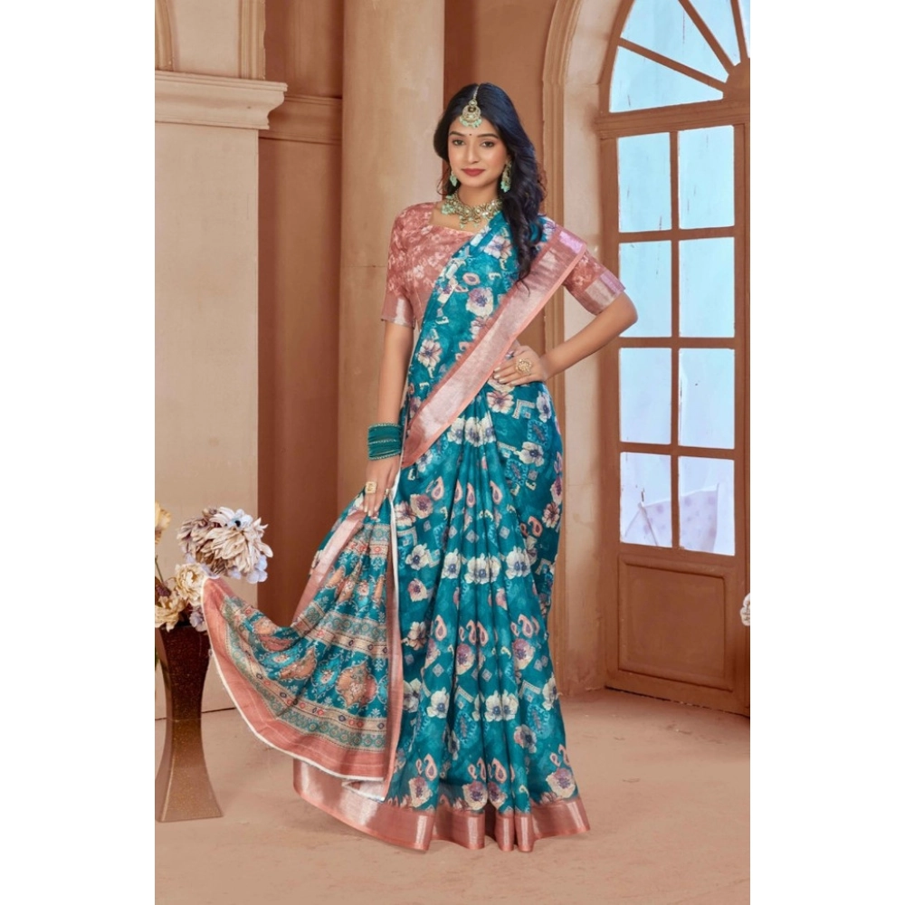 Women's Printed Cotton Linen Saree withPrinted Saree With Unstitched Blouse (Peacook Green, 5-6Mtrs) Women's Printed Cotton Linen Saree withPrinted Saree With Unstitched Blouse (Peacook Green, 5-6Mtrs)