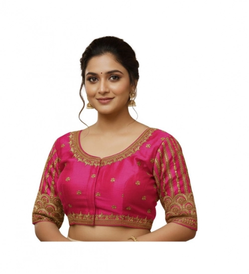 Women's Phantom Silk Embroidered Designer Neck Padded Blouse (Pink 38 Ready (Alterable up to 42)
