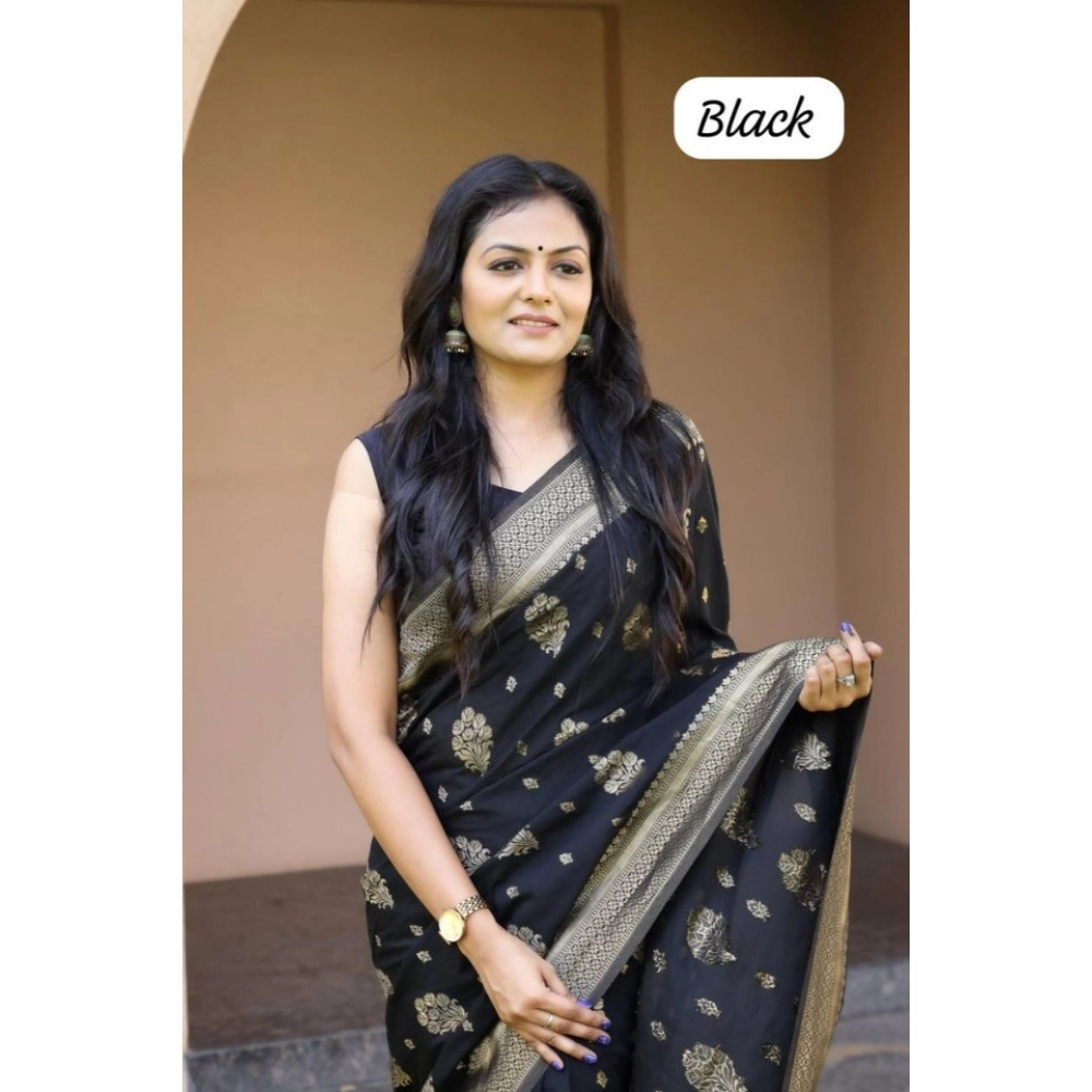 Women's Soft Lichi Silk Printed Saree With Unstitched Blouse 5.5Mtr (Black)