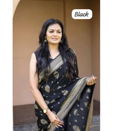 Women's Soft Lichi Silk Printed Saree With Unstitched Blouse 5.5Mtr (Black)