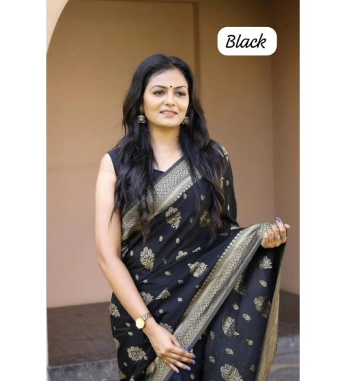 Women's Soft Lichi Silk Printed Saree With Unstitched Blouse 5.5Mtr (Black)