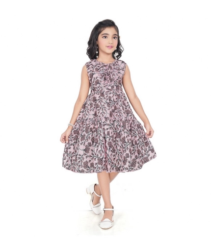 Girl's Digital Slub Printed Sleeve Less Round Neck Dress (Brown)