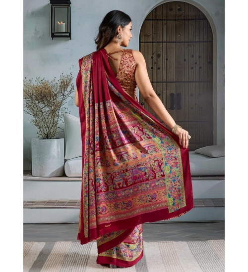Women's Satin Crepe Printed Saree With Unstitched Blouse 5.5Mtr (Maroon)