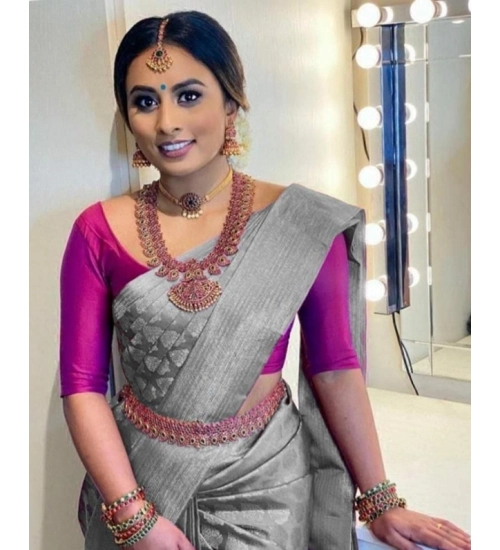 Women's Litchi silk Printed Saree With Unstitched Blouse (Grey)