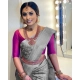 Women's Litchi silk Printed Saree With Unstitched Blouse (Grey)