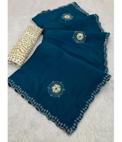 Women's Chiffon Butti Dotted Saree With Unstitched Blouse 5.5Mtr (Blue)