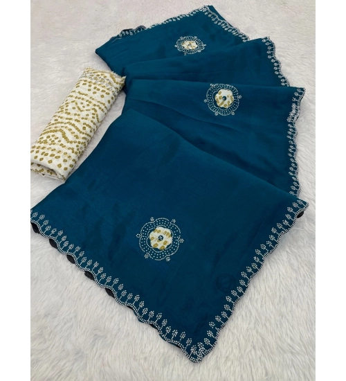 Women's Chiffon Butti Dotted Saree With Unstitched Blouse 5.5Mtr (Blue)