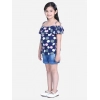 Girl's Rayon Solid Cold Shoulder Top with Shorts (Navy Blue)