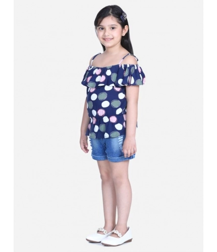Girl's Rayon Solid Cold Shoulder Top with Shorts (Navy Blue)