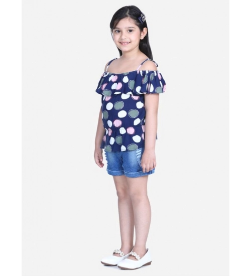 Girl's Rayon Solid Cold Shoulder Top with Shorts (Navy Blue)