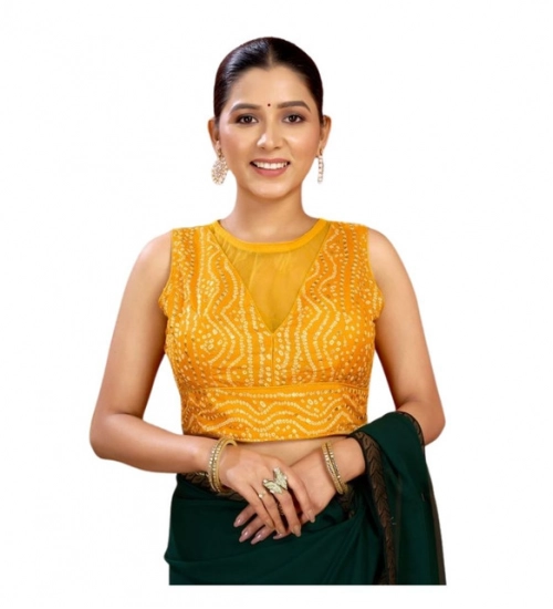 Women's Rayon Cotton Bandhani Printed Halter Neck Non Padded Blouse (Mustard 38 Ready (Alterable up to 42)