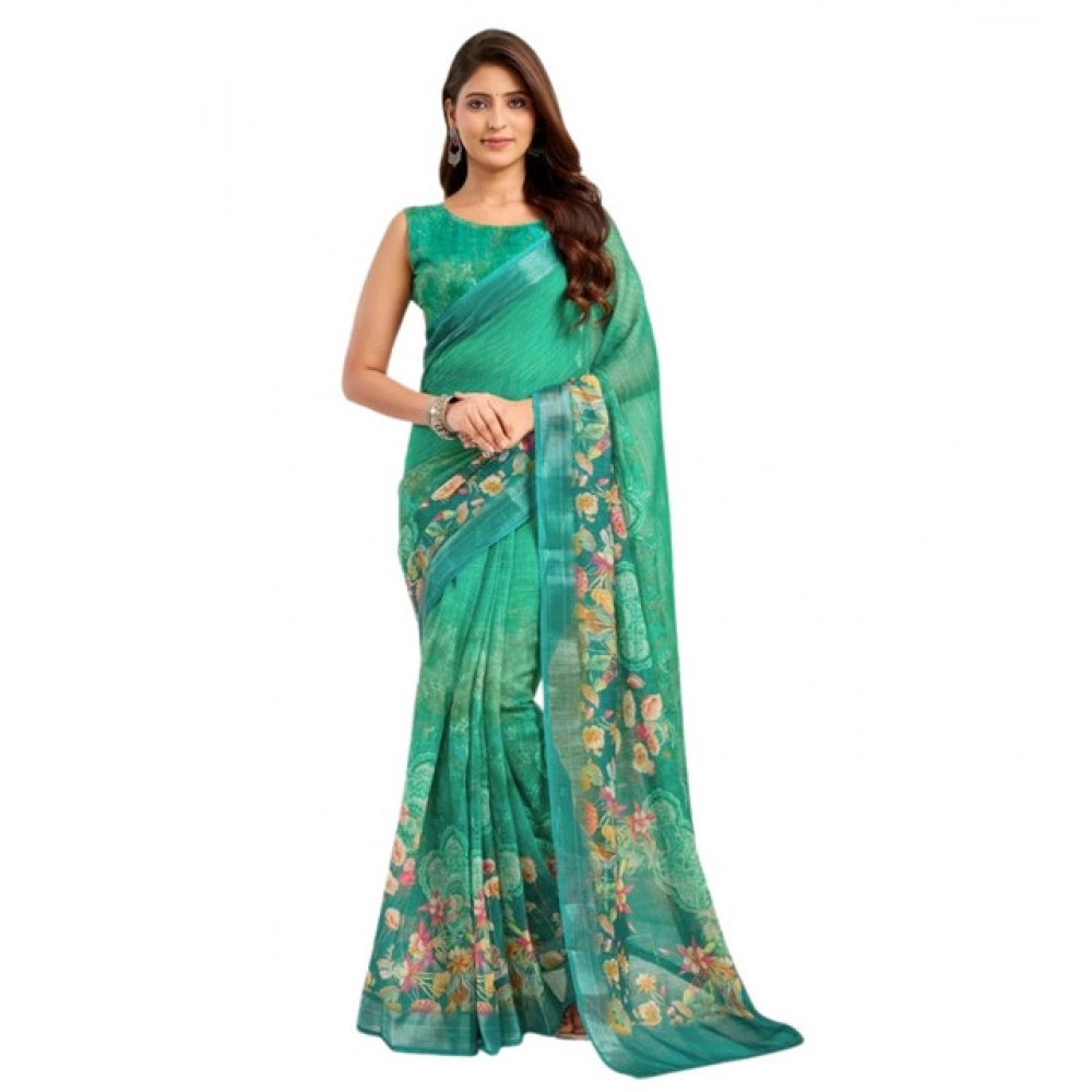 Women's Faux Linen Floral Ready to wear Saree With Unstitched Blouse 5.5Mtr (Green) Women's Faux Linen Floral Ready to wear Saree With Unstitched Blouse 5.5Mtr (Green)