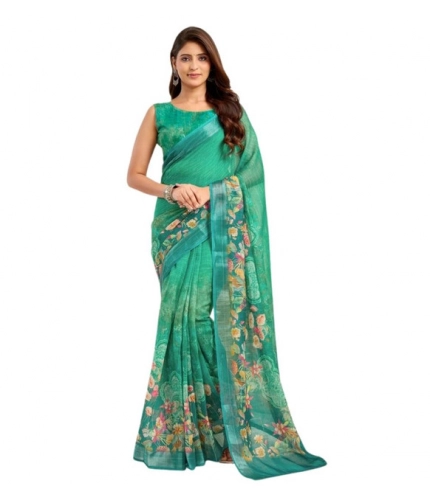 Women's Faux Linen Floral Ready to wear Saree With Unstitched Blouse 5.5Mtr (Green) Women's Faux Linen Floral Ready to wear Saree With Unstitched Blouse 5.5Mtr (Green)