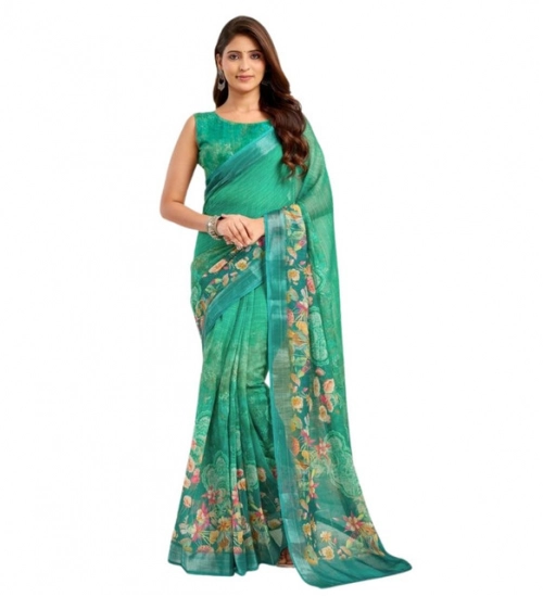 Women's Faux Linen Floral Ready to wear Saree With Unstitched Blouse 5.5Mtr (Green)