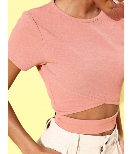 Women's Polyester Lycra Solid Short Sleeve Top (Pink)
