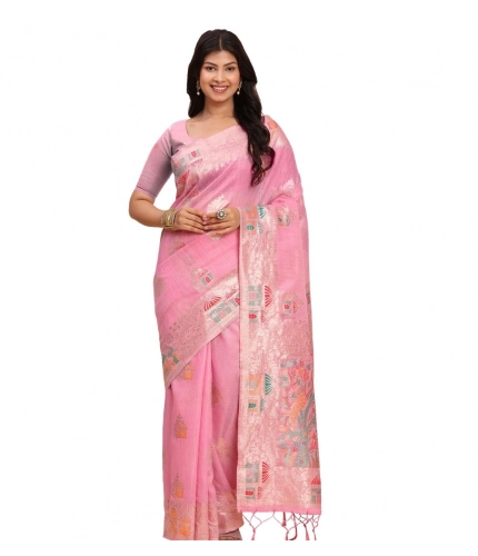 Women's Linen Cotton Printed Saree With Unstitched Blouse 5.5Mtr (Pink)