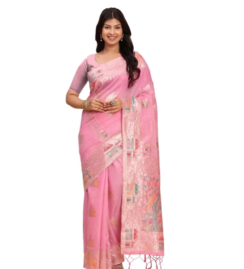 Women's Linen Cotton Printed Saree With Unstitched Blouse 5.5Mtr (Pink)