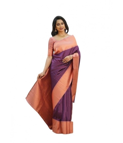 Women's Soft Lichi Silk Printed Saree With Unstitched Blouse 5.5Mtr (Purple)